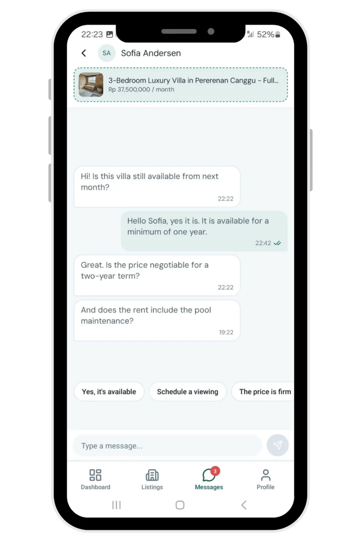 Een chat met een huurder in de Owner-app, met snelle antwoorden