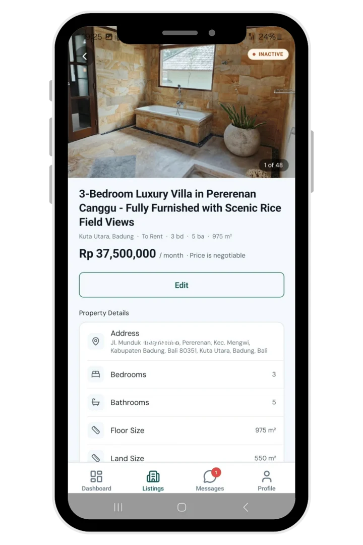 Een advertentie in de Owner-app, met foto's, prijs en een bewerkknop