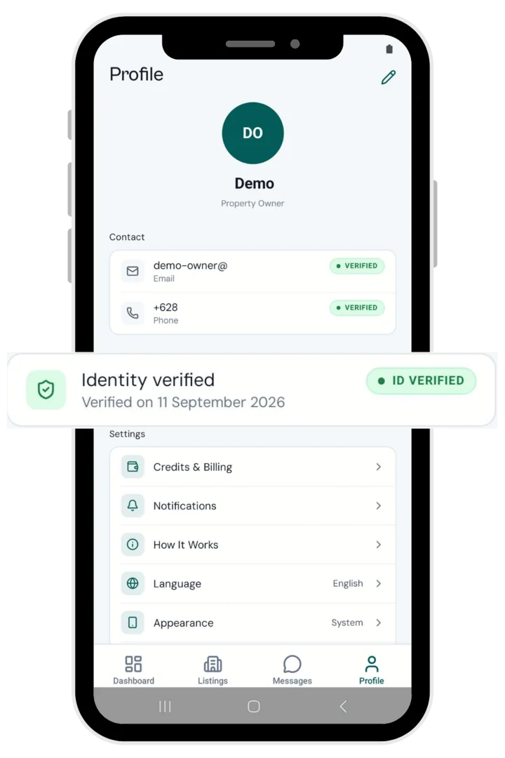 Het profielscherm in de Owner-app met de ID Verified-badge