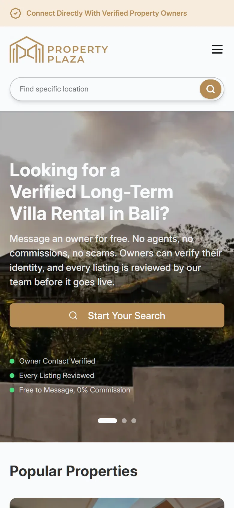 De Property Plaza-homepage op een telefoon